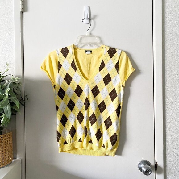 ☀️ J CREW Yellow Argyle Sweater Vest Small Y2K Preppy School Casual Girl Cute - Picture 1 of 7